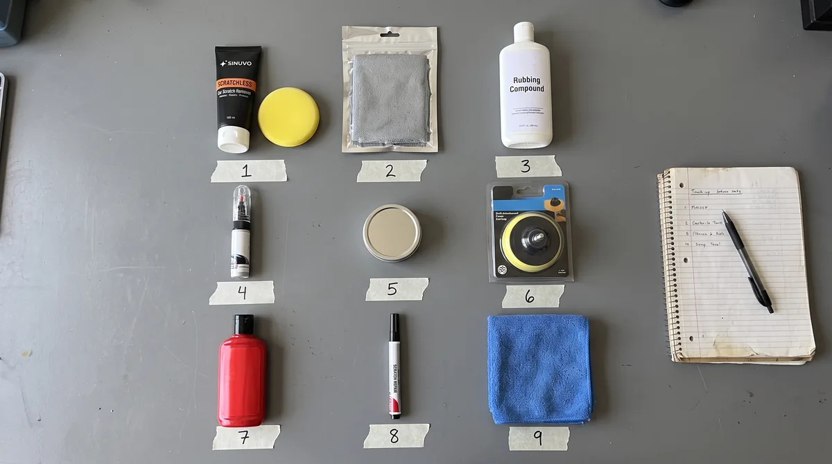Nine car scratch removers laid out on a garage workbench for testing