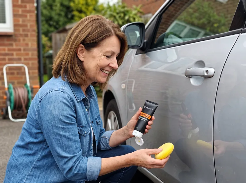Woman holding Scratchless next to the spot on her car door where a scratch was