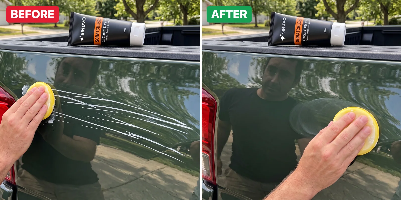 Before and after: scratch on a black car